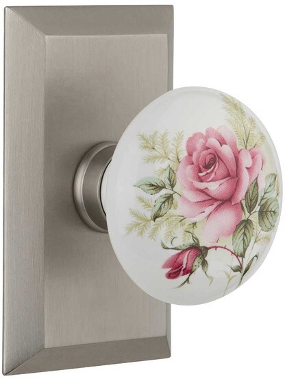 New York Rosette Door Set with Rose Porcelain Knobs in Satin Nickel.